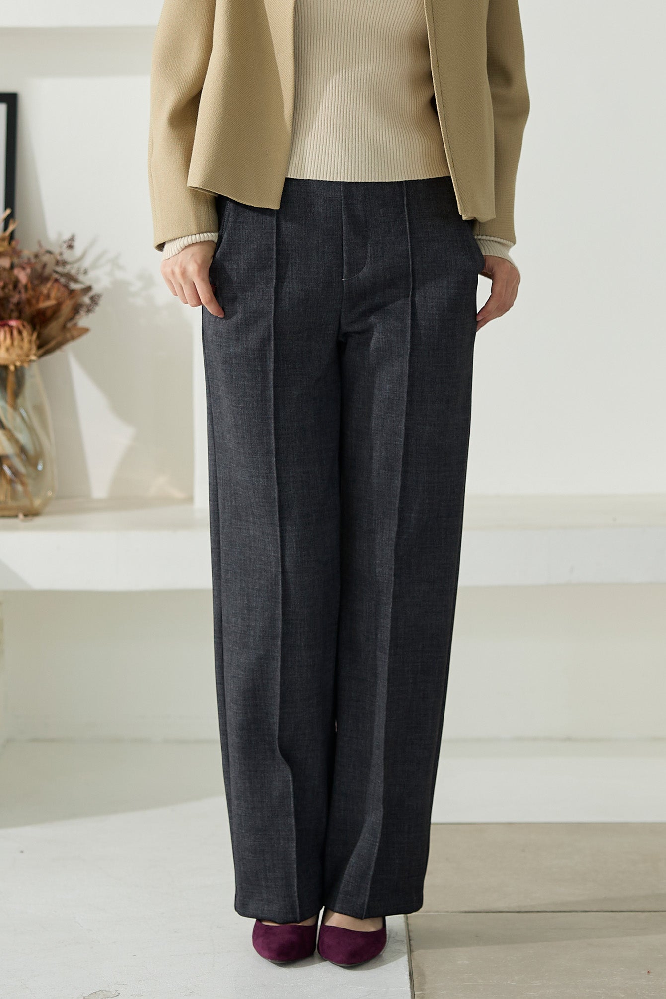 すふれ起毛プラス 蓄熱保温 イージースラックス デニムプリントワイド