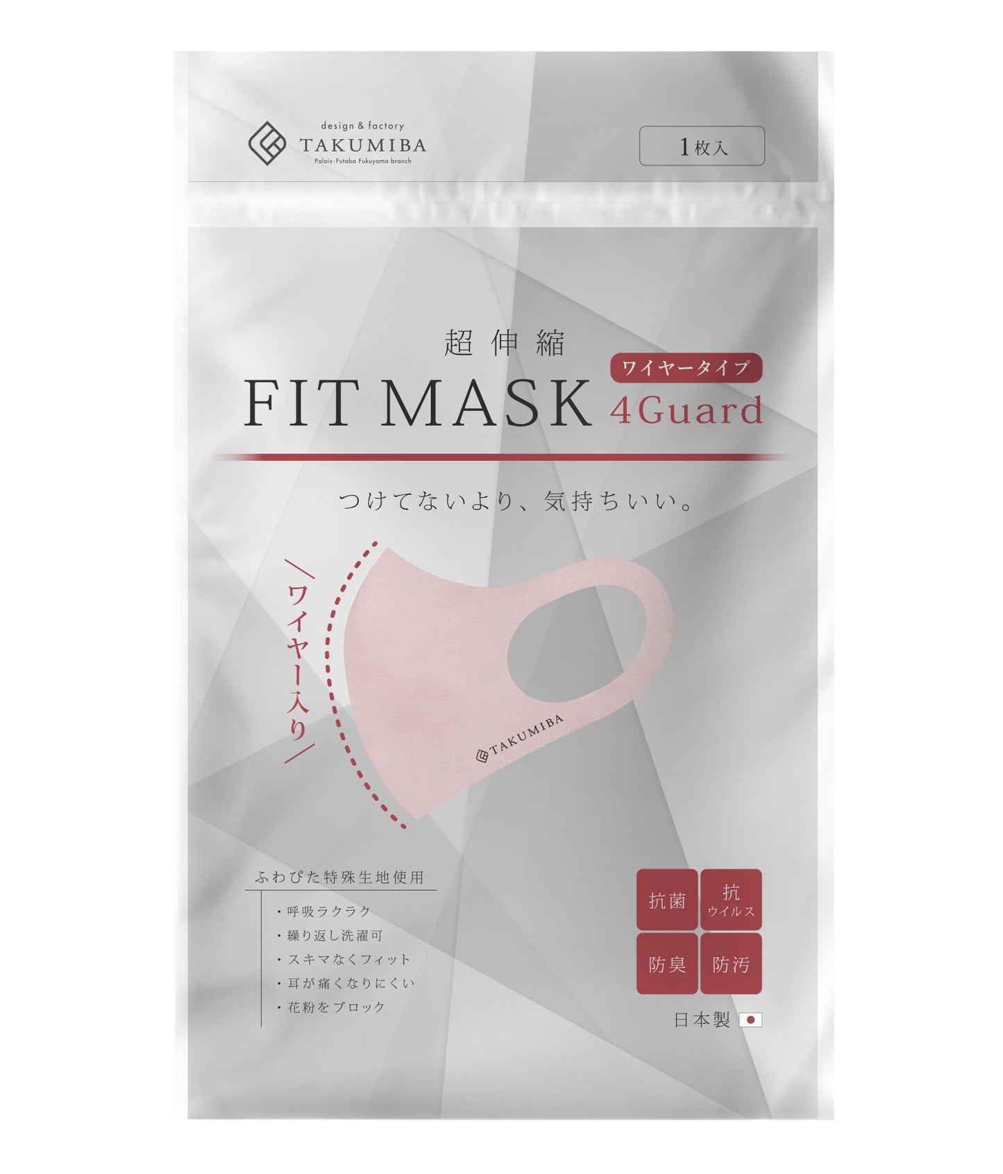 【日本製】 洗える超伸縮4ガードフィットマスク+ワイヤー 1枚入(品番SMSK-003)