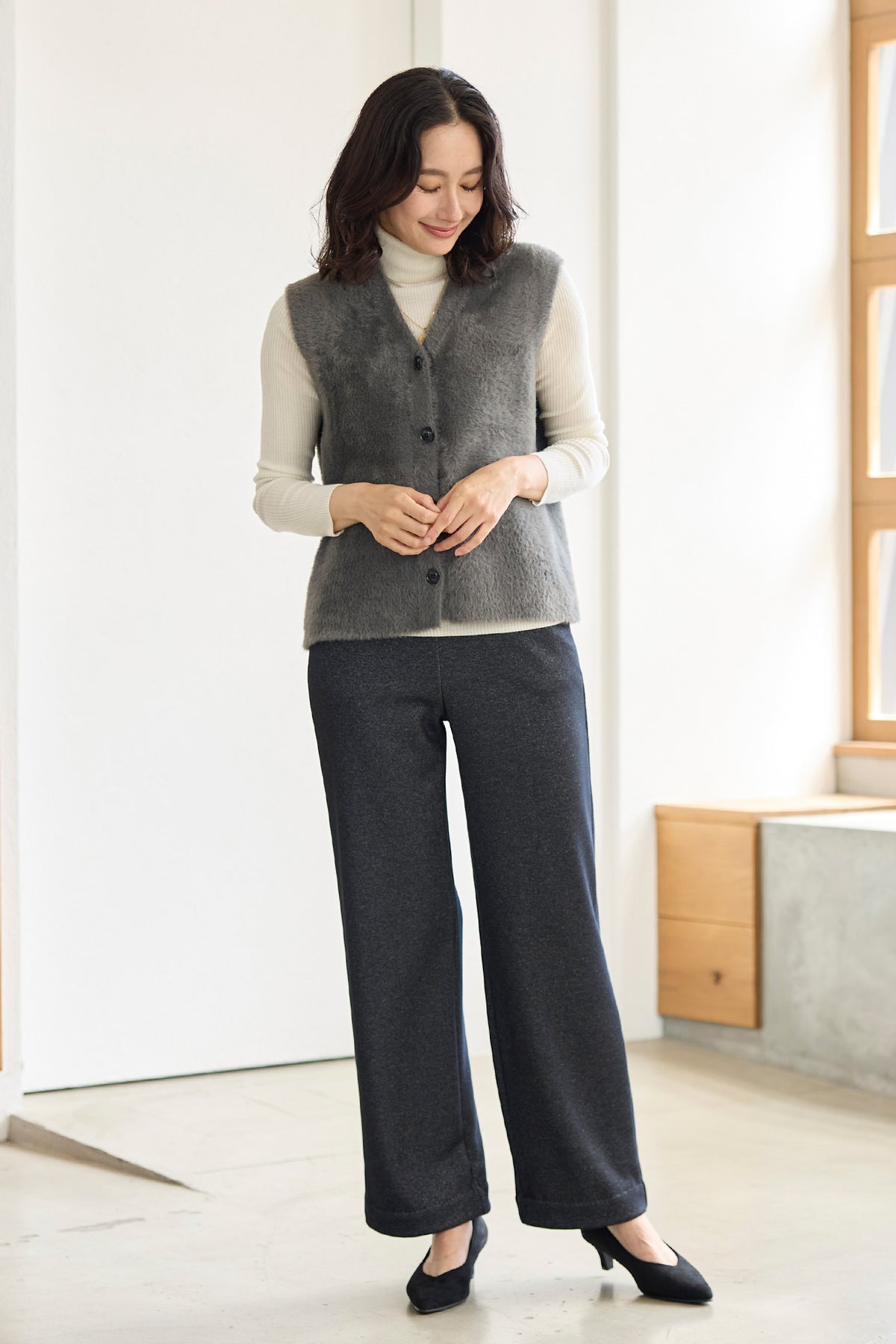 ラメニット 裏ベロア ワイドストレート