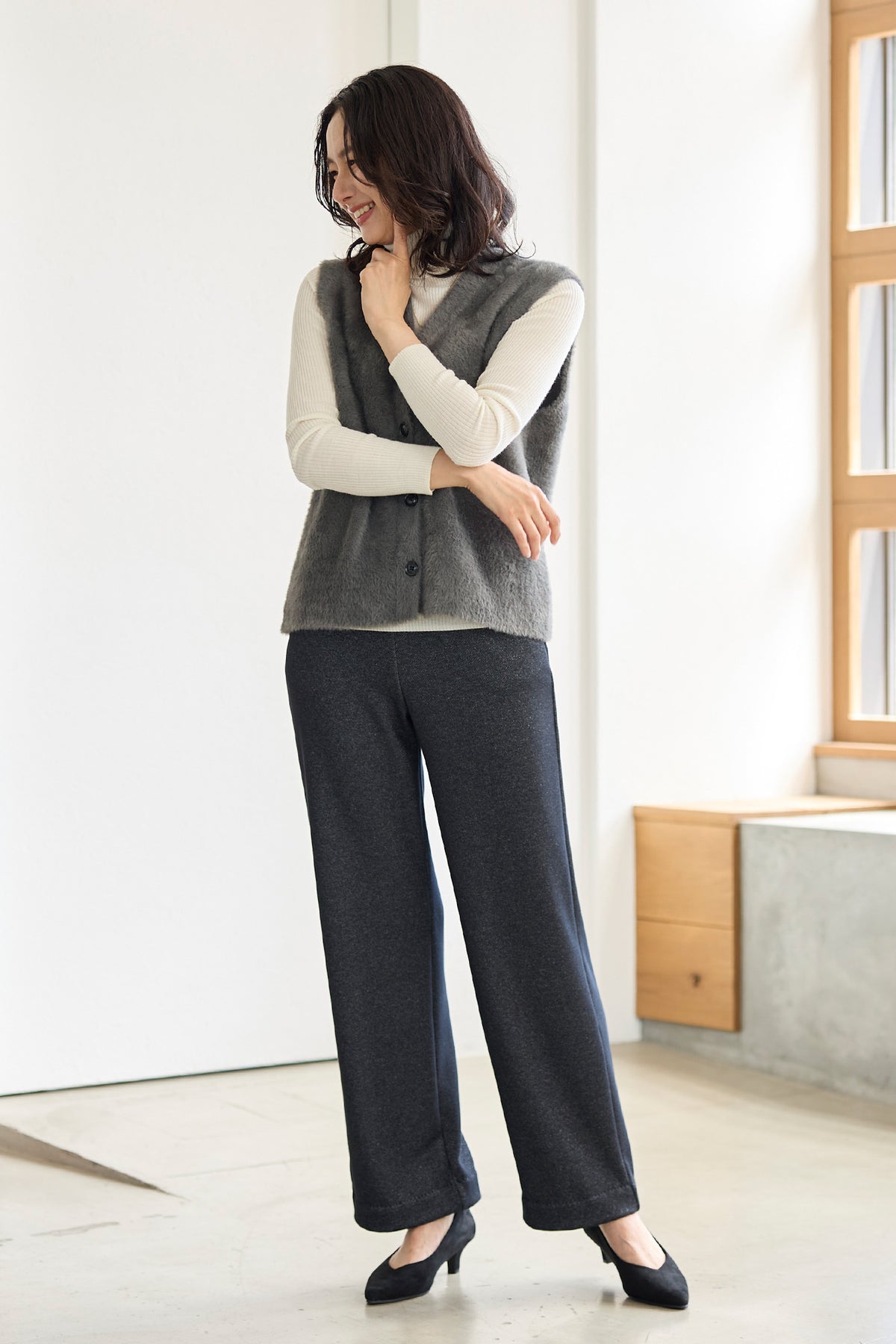 ラメニット 裏ベロア ワイドストレート