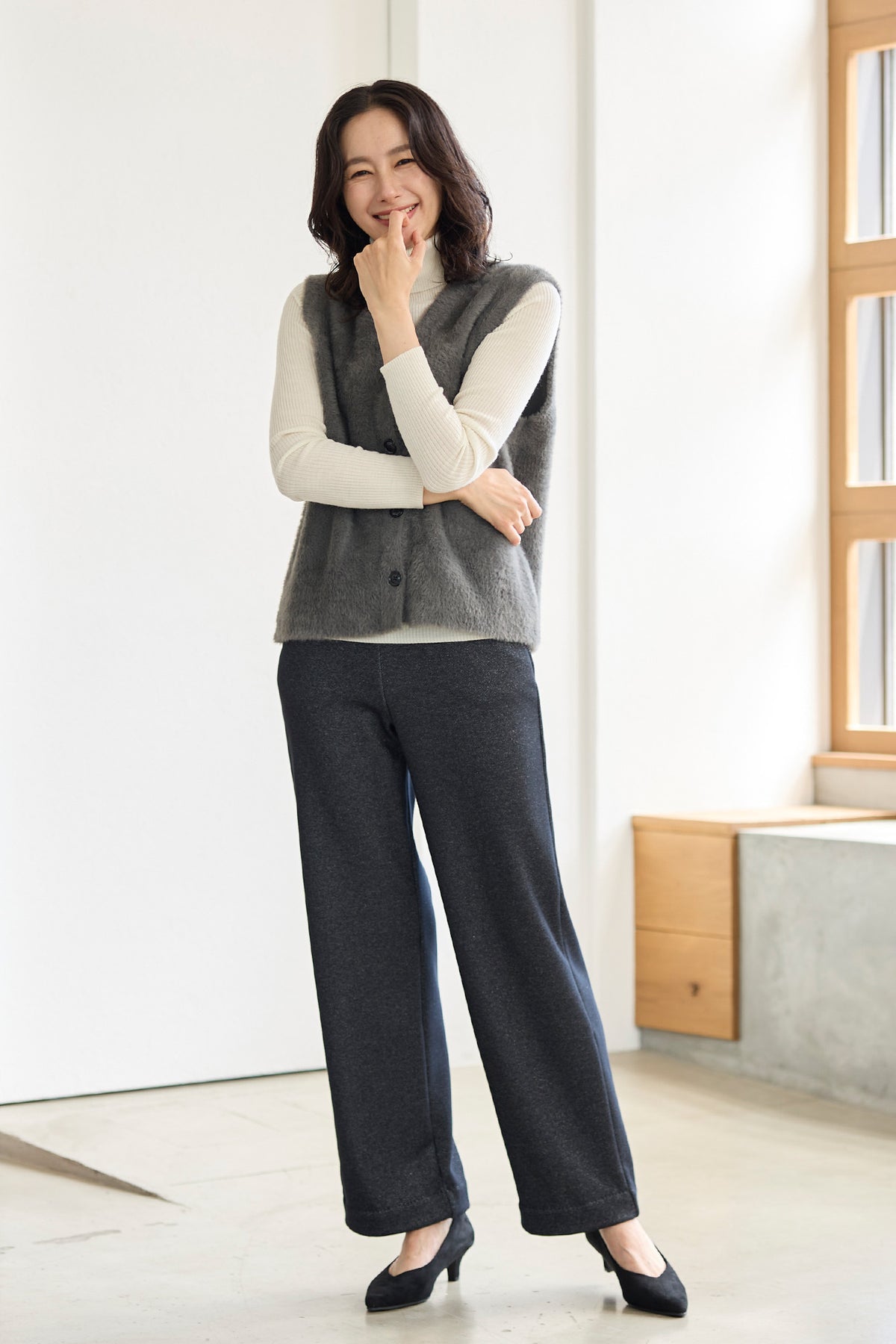 ラメニット 裏ベロア ワイドストレート