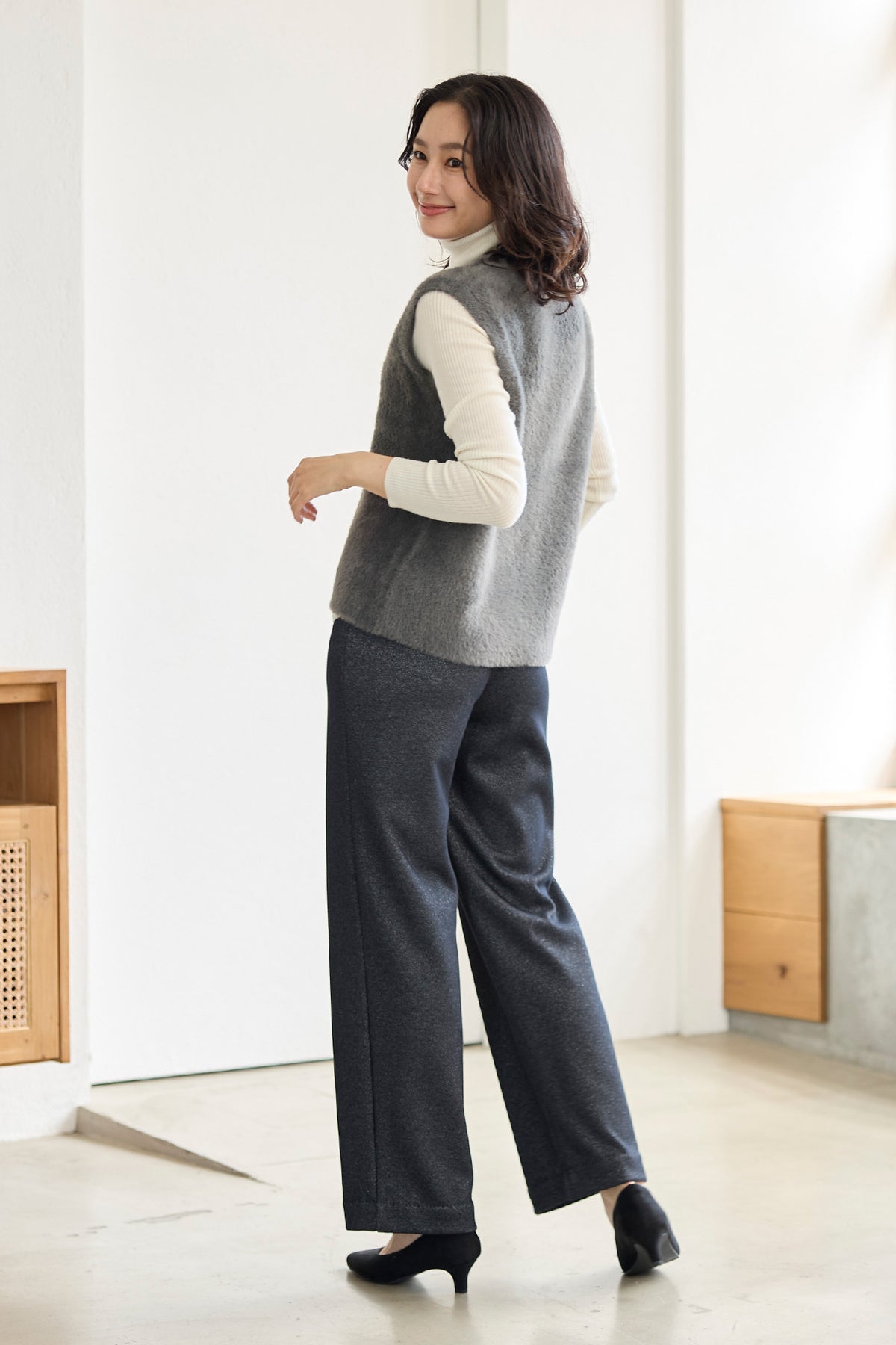 ラメニット 裏ベロア ワイドストレート