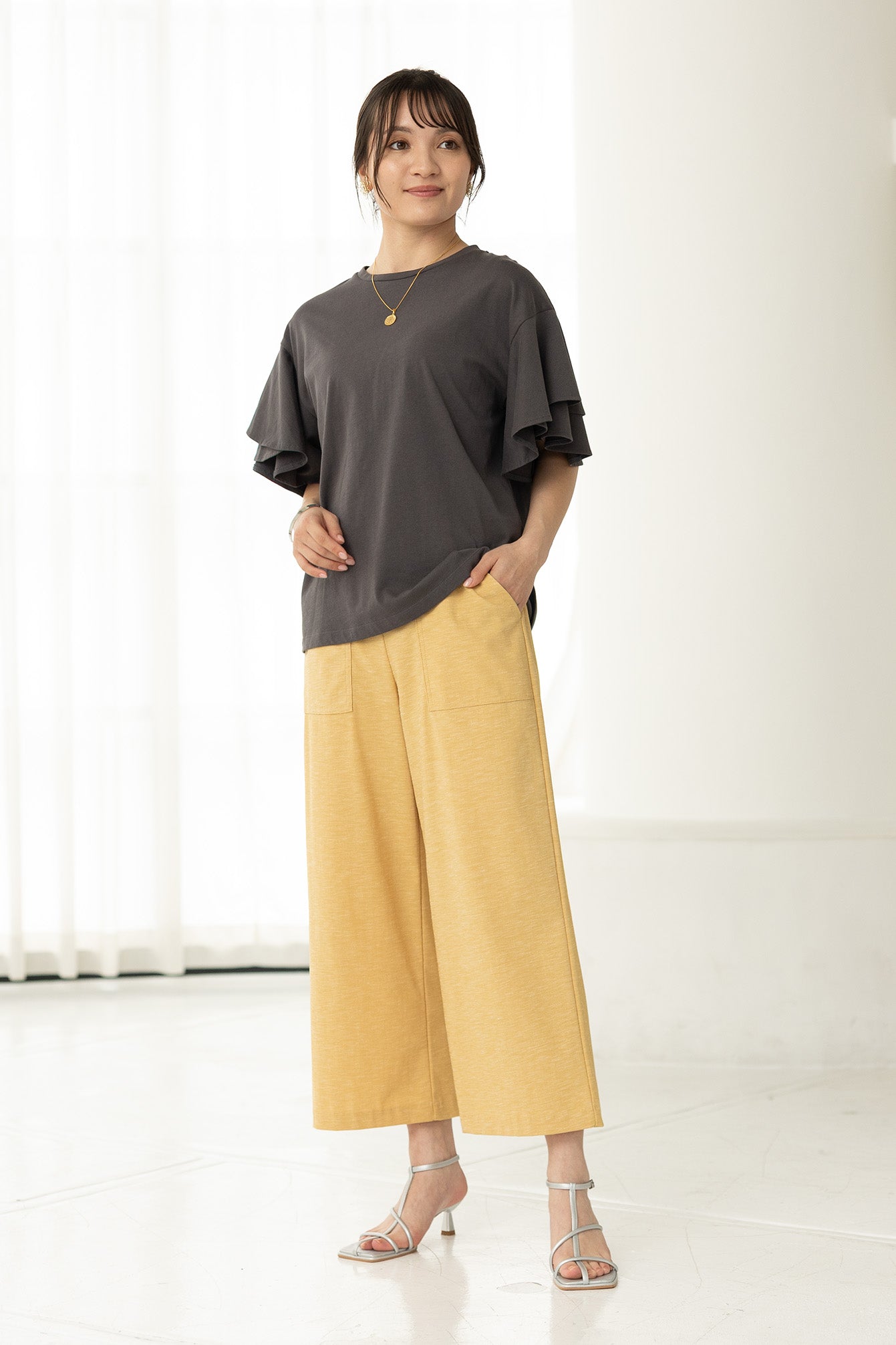 【SALE】スラブ調リネン混 ベイカーワイド